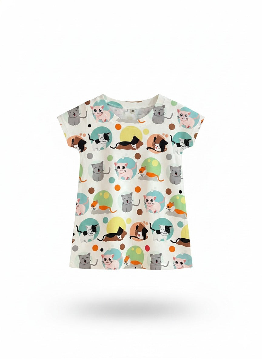 Girl's Cute Cat Print Cotton Top- White (3-4Y)