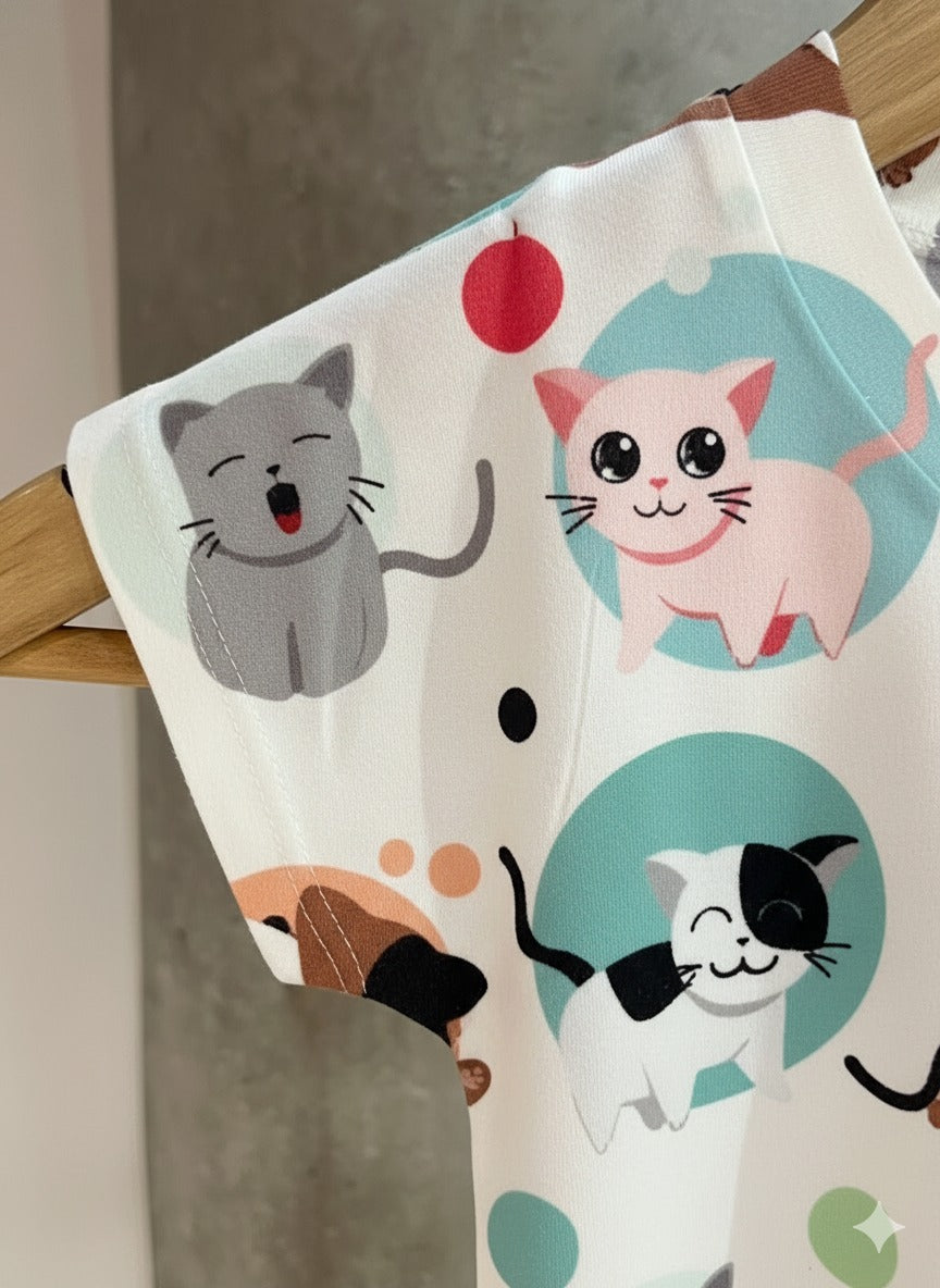 Girl's Cute Cat Print Cotton Top- White (3-4Y)