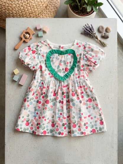 Girl's Heart Patch Polka Dot Dress- Mint & Pink (18-24M)