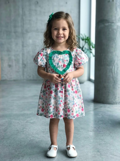 Girl's Heart Patch Polka Dot Dress- Mint & Pink (18-24M)