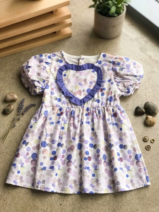 Girl's Heart Patch Polka Dot Dress- Purple & Lavender (18-36M) Love10