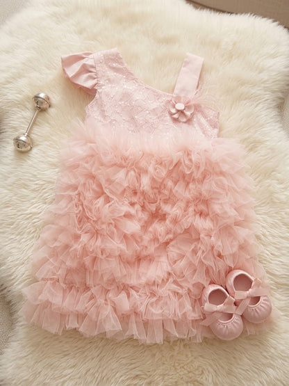 Girl's One-Shoulder Ruffled Party Gown Dress-Baby Pink (12-36M) WAL