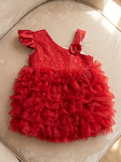 Girl's One-Shoulder Ruffled Party Gown Dress-Red (6-36M) WAL