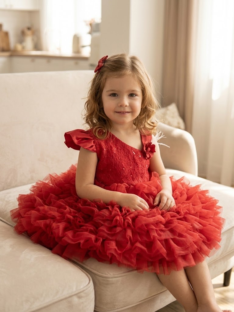Girl's One-Shoulder Ruffled Party Gown Dress-Red (6-36M) WAL