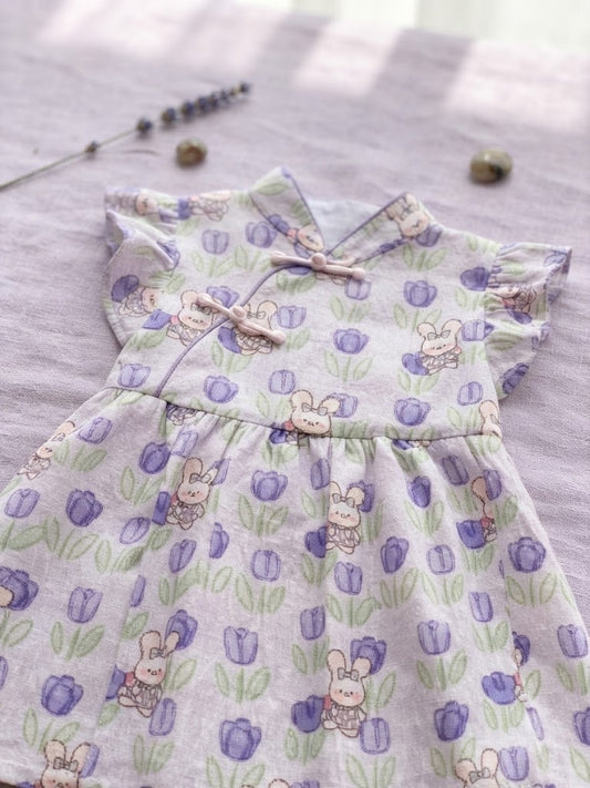 Girl's Purple Floral Cheongsam Frock (12M-4Y)
