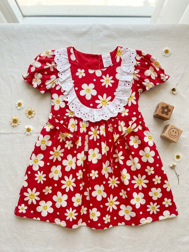 Girl's Red Smiley Cotton Alice Frock (2-3Y)