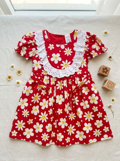 Girl's Red Smiley Cotton Alice Frock (2-3Y)