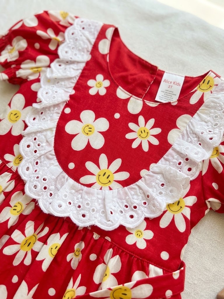 Girl's Red Smiley Cotton Alice Frock (2-3Y)