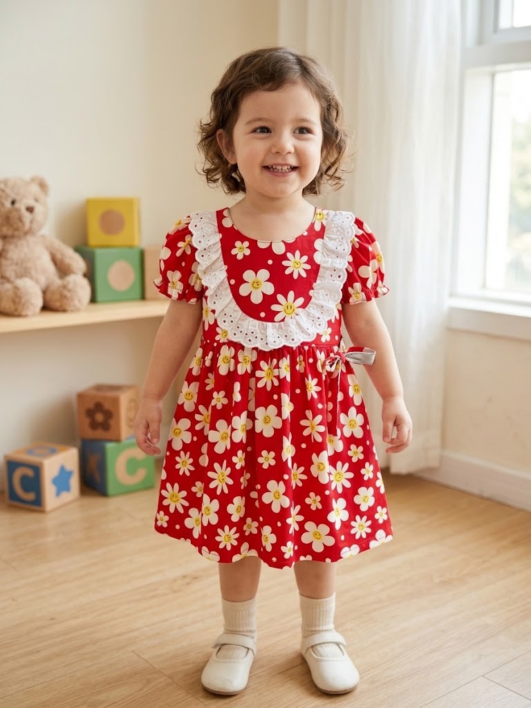 Girl's Red Smiley Cotton Alice Frock (2-3Y)