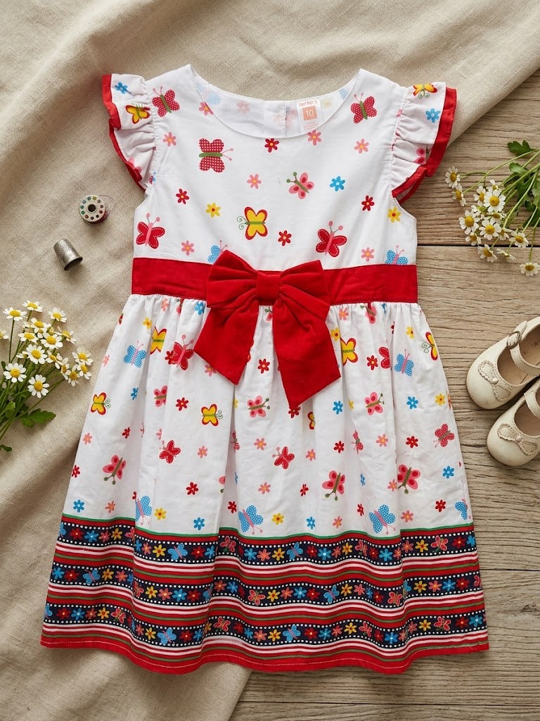 Girl's White Red Butterfly Cotton Alice Frock (10-12Y)
