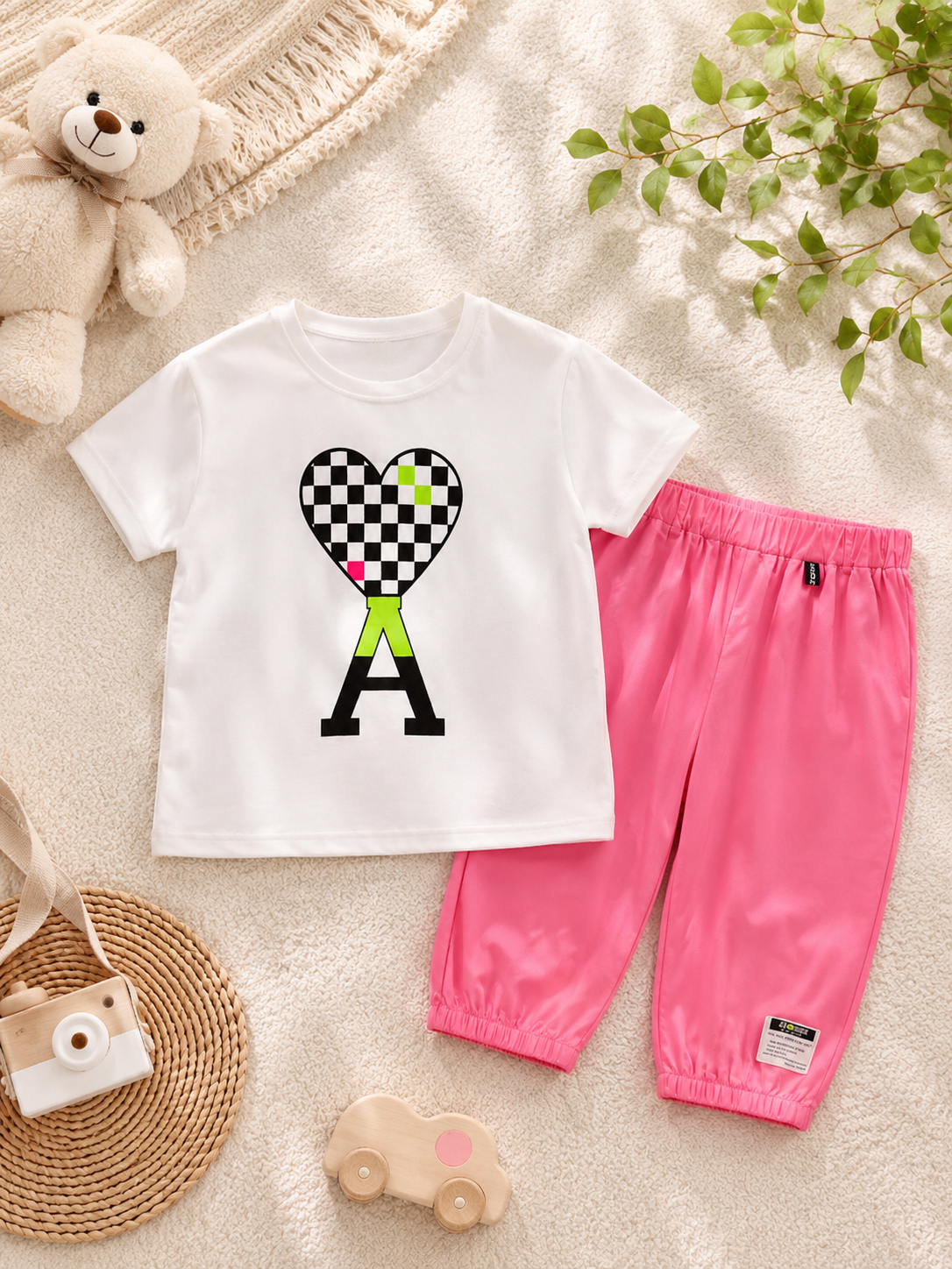 Girl's Cute Heart Graphic T-Shirt & Pink Jogger Pants Co-ord Set
