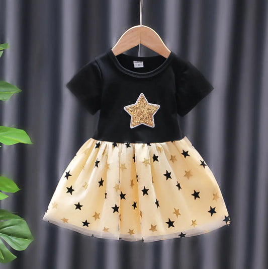 Girls Baby Dress Cotton Short-Sleeved Stitching Mesh Princess Skirt- Black