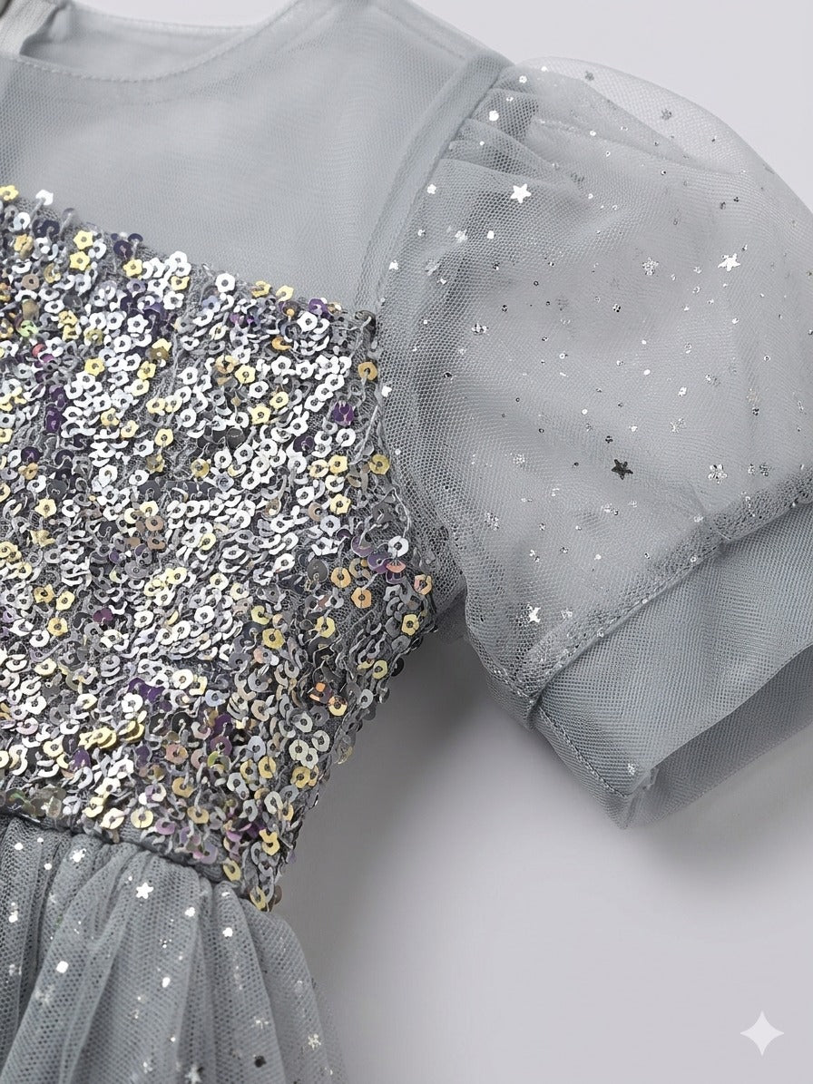Girls Sparkling Grey Sequin Party Dress (6-9Y)