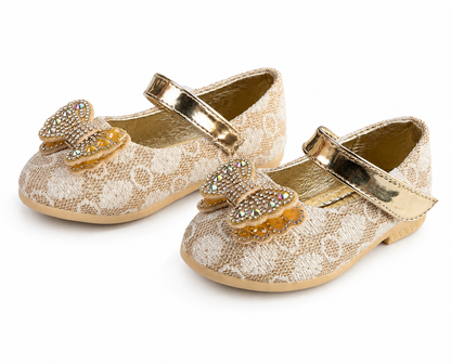 Girls Glitter Bow Lace Mary Jane Shoes- Gold (2-2.5Y)