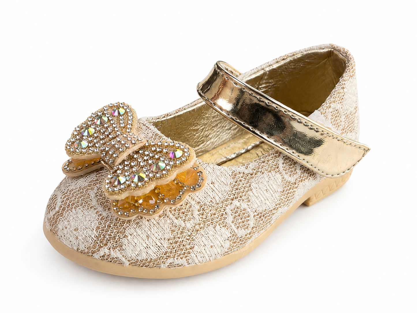 Girls Glitter Bow Lace Mary Jane Shoes- Gold (2-2.5Y)