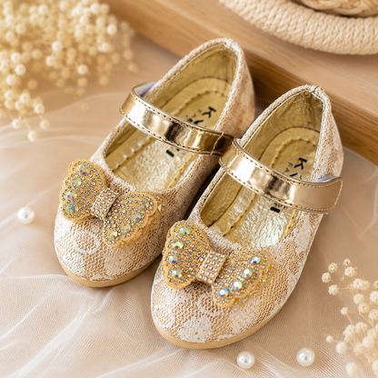 Girls Glitter Bow Lace Mary Jane Shoes- Gold (2-2.5Y)