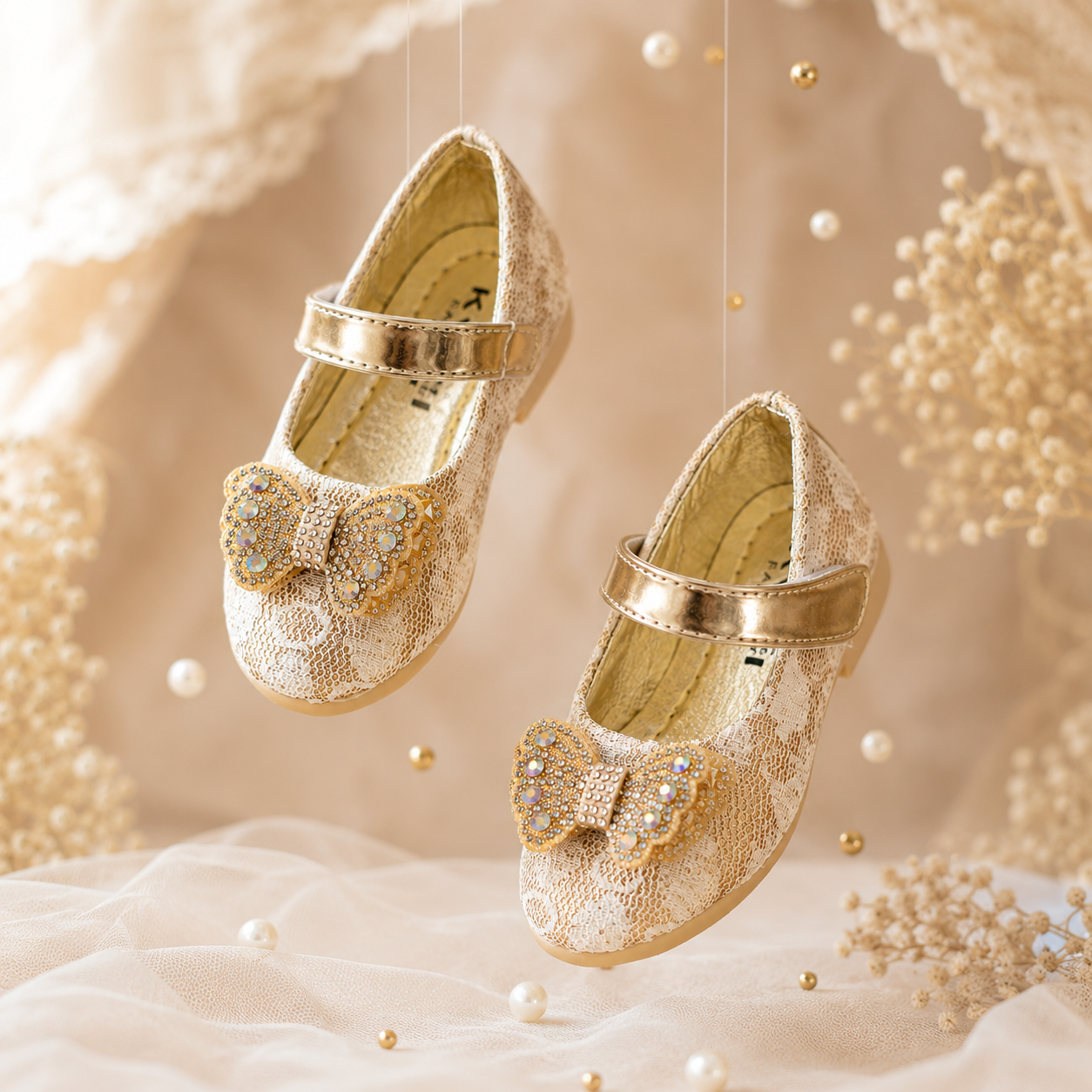 Girls Glitter Bow Lace Mary Jane Shoes- Gold (2-2.5Y)