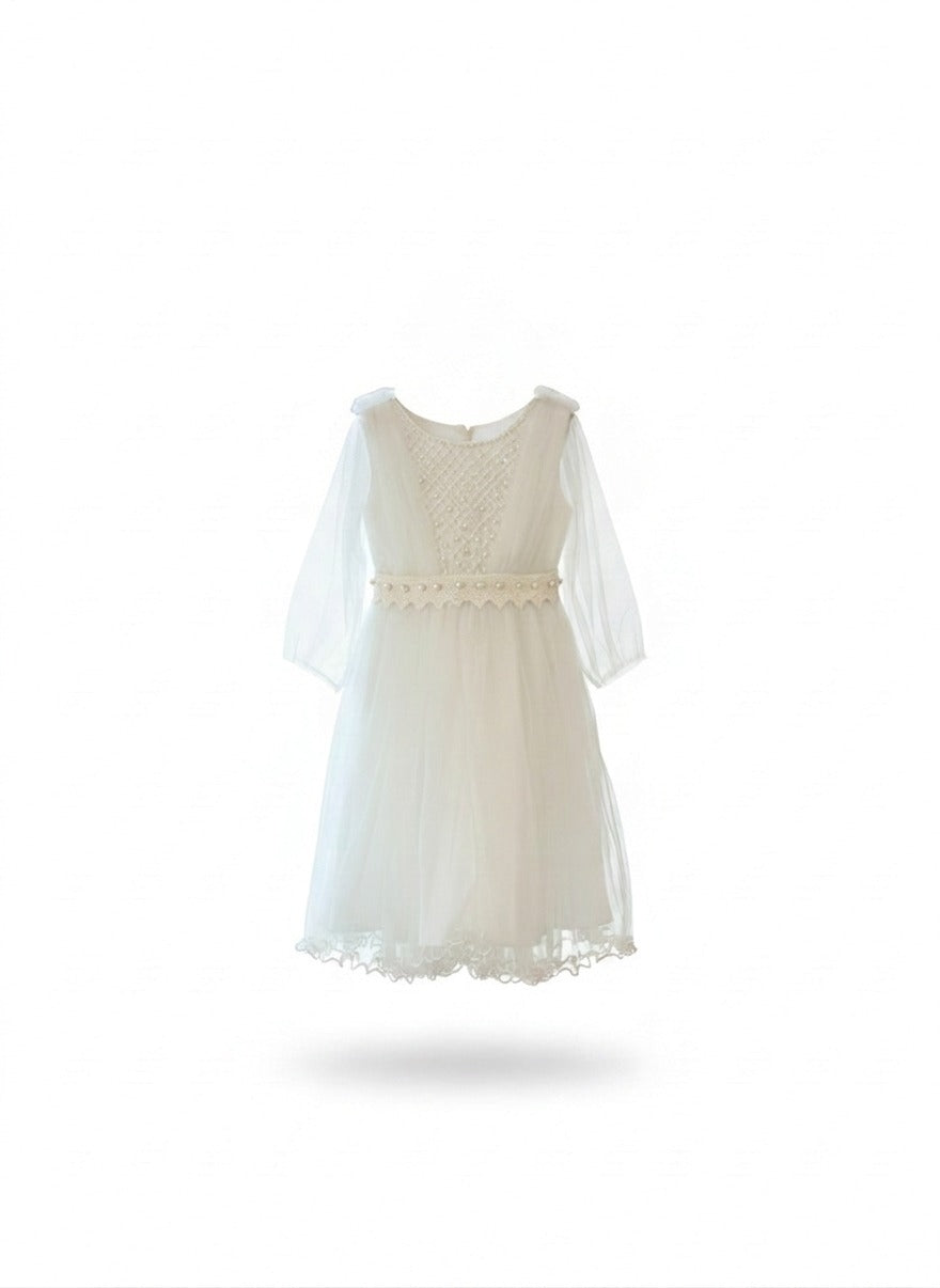 Girls' Pearl-Embellished Royal Tulle Dress- Off White