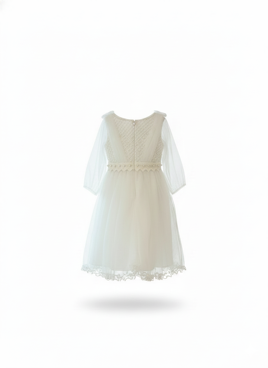 Girls' Pearl-Embellished Royal Tulle Dress- Off White