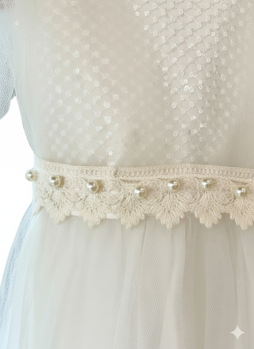 Girls' Pearl-Embellished Royal Tulle Dress- Off White
