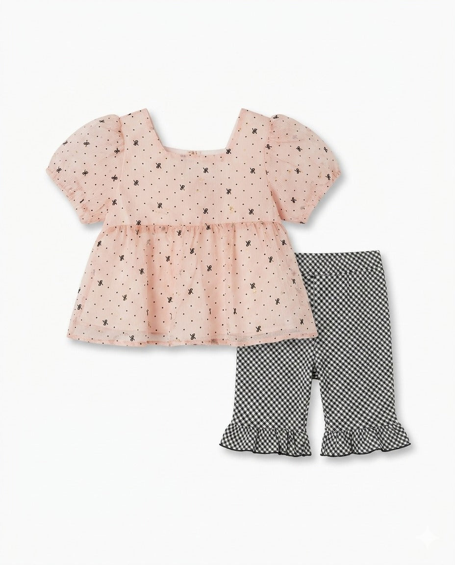 Girls' Polka Dot & Gingham Co-ord Set-Pink