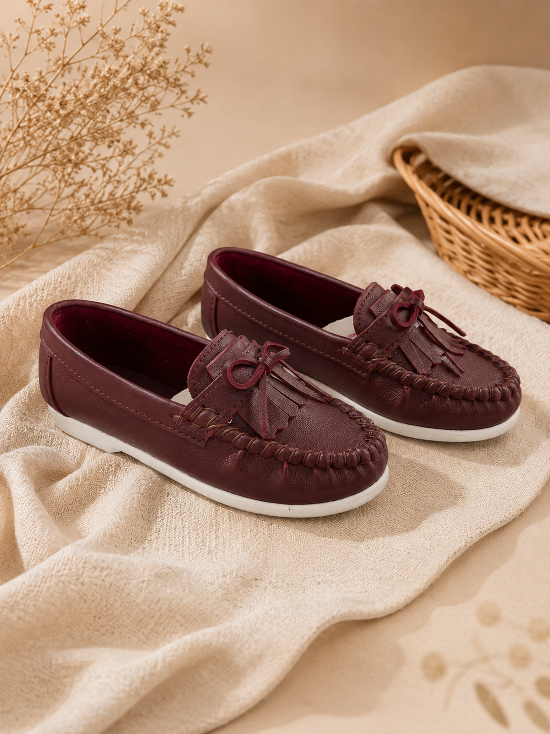 Kid's Classic Faux Leather Tassel Loafers- Burgundy