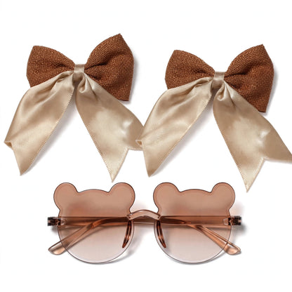 Kids Bear Sunglasses & Hair Bow Set- Brown & Champagne (2Y+)