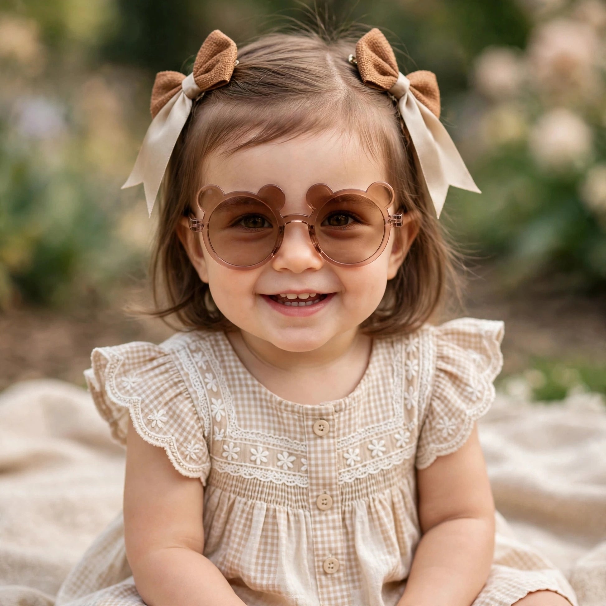 Kids Bear Sunglasses & Hair Bow Set- Brown & Champagne (2Y+)