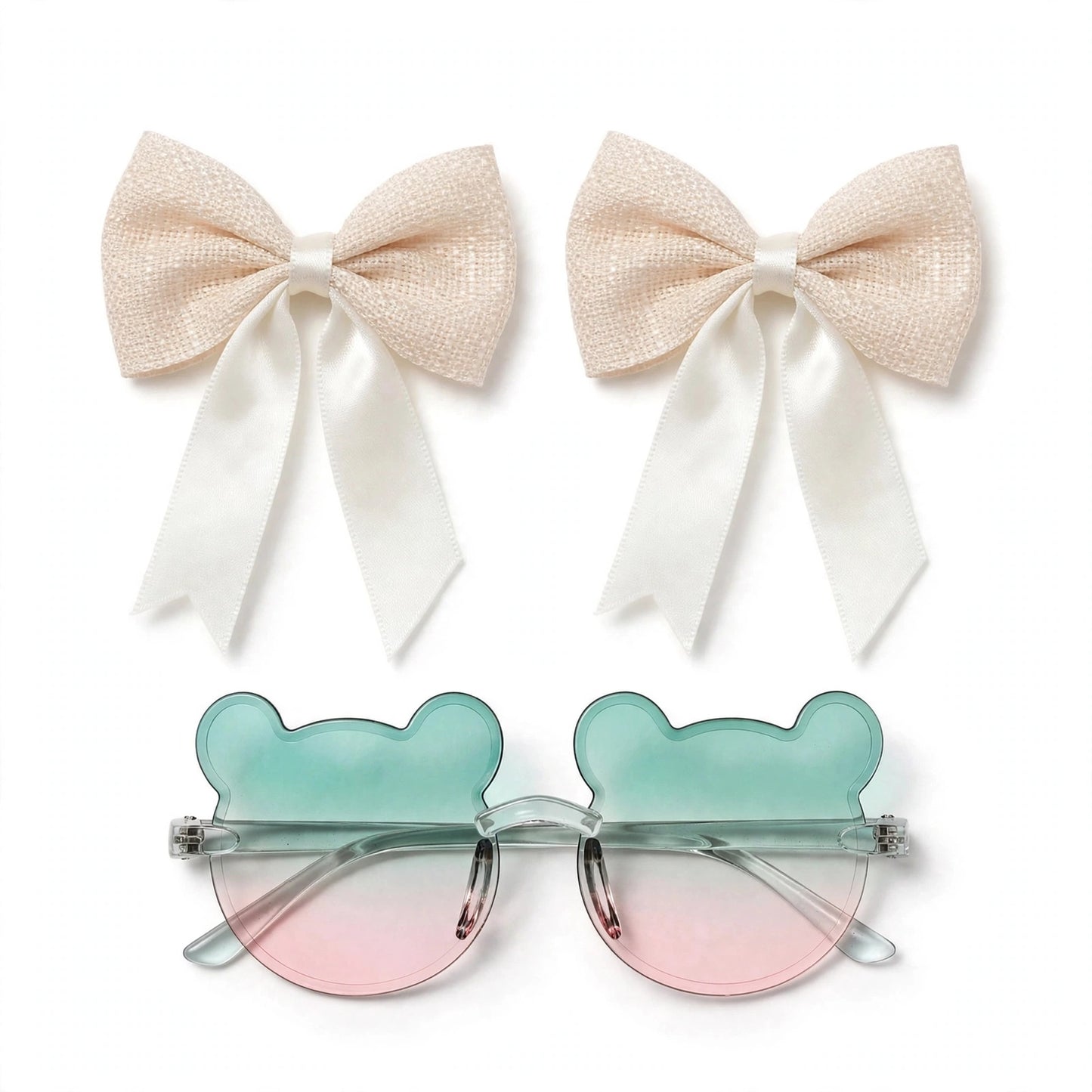 Kids Bear Sunglasses & Hair Bow Set- Pink & Green (2Y+)