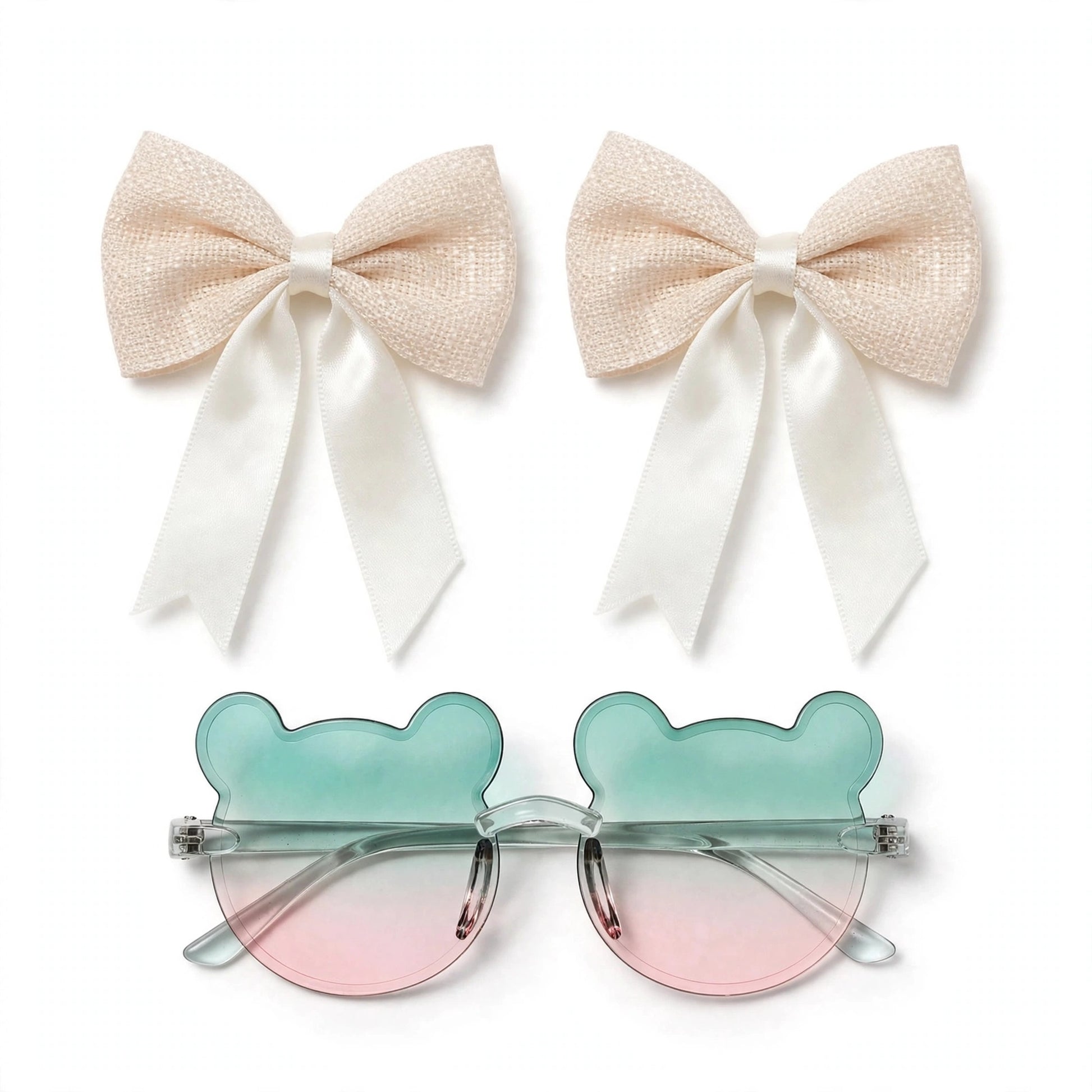 Kids Bear Sunglasses & Hair Bow Set- Pink & Green (2Y+)