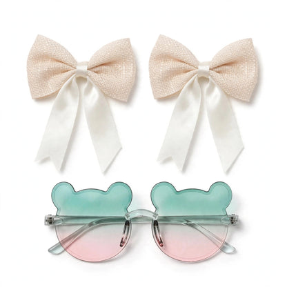 Kids Bear Sunglasses & Hair Bow Set- Pink & Green (2Y+)