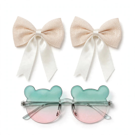 Kids Bear Sunglasses & Hair Bow Set- Pink & Green (2Y+)