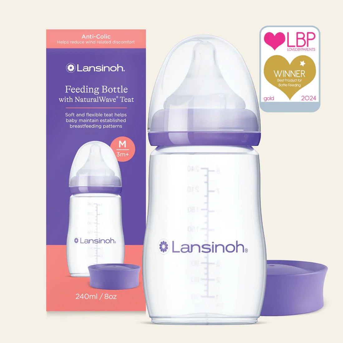 Lansinoh Feeding Bottle With Natural Wave Teat (3m+) 240ml-(M)