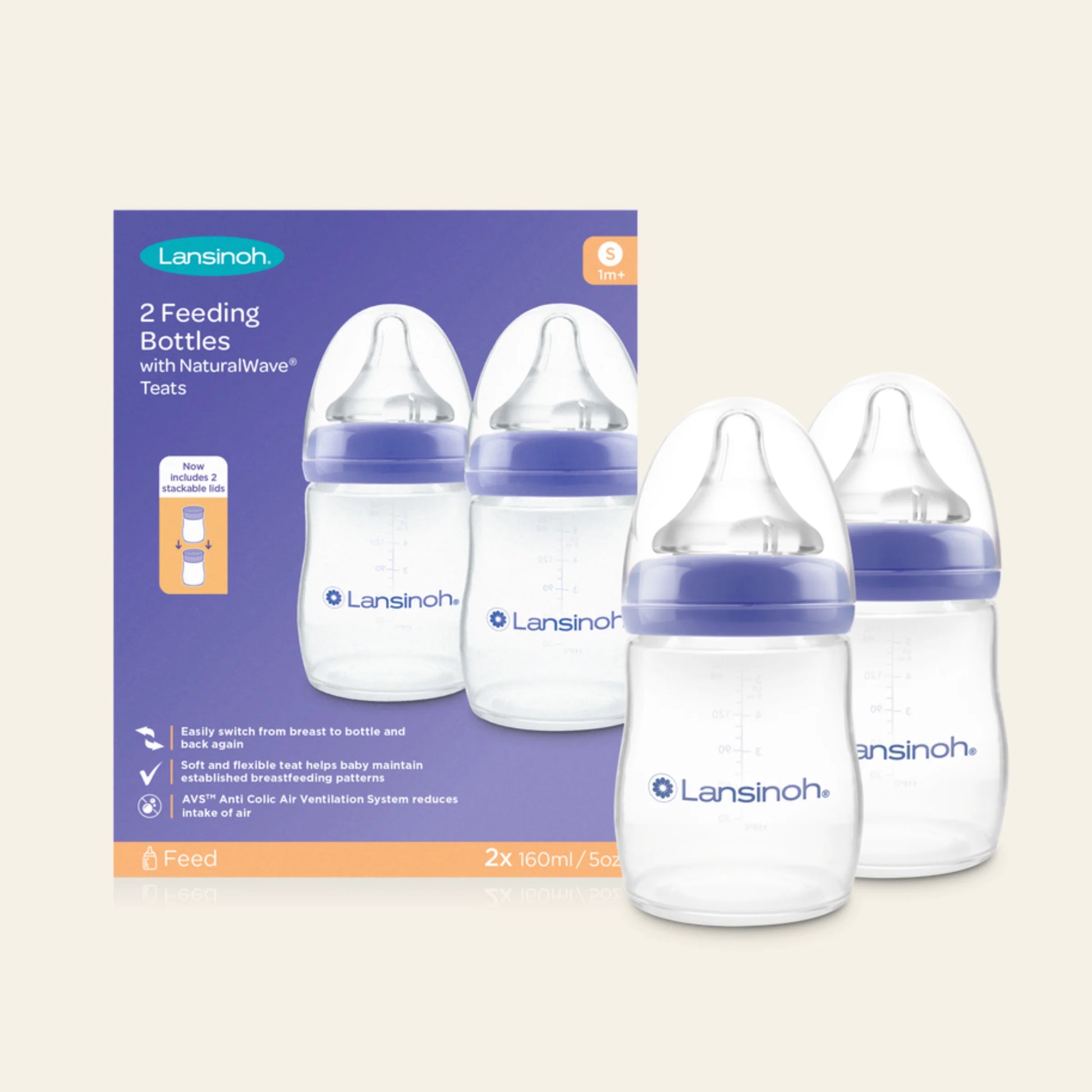 Lansinoh Feeding Bottles 160ml with Natural Wave Teat (1m+)- 2 Pack