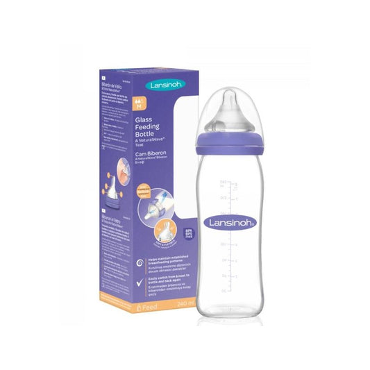 Lansinoh Glass Feeding Bottle With Natural Wave Teat Medium Flow 240ml-(M)