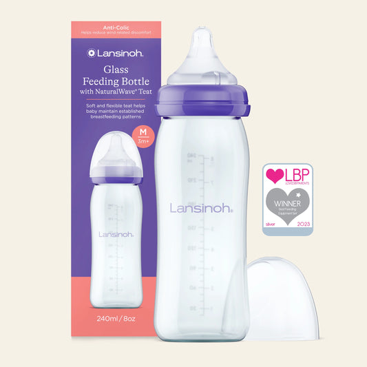 Lansinoh Glass Feeding Bottle With Natural Wave Teat (3m+) 240ml-(M)