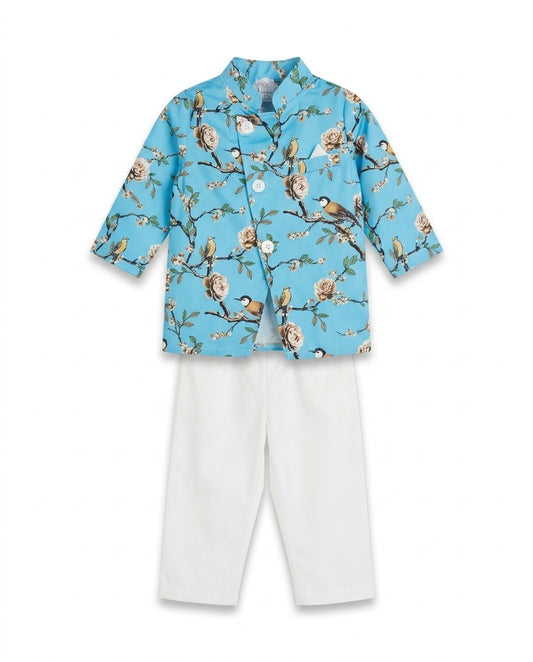 Little Boy's Sky Blue Floral & Bird Print Ethnic Set- 2 Piece