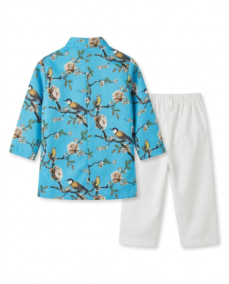 Little Boy's Sky Blue Floral & Bird Print Ethnic Set- 2 Piece