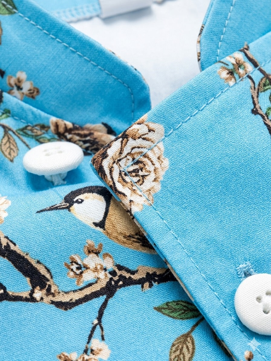 Little Boy's Sky Blue Floral & Bird Print Ethnic Set- 2 Piece