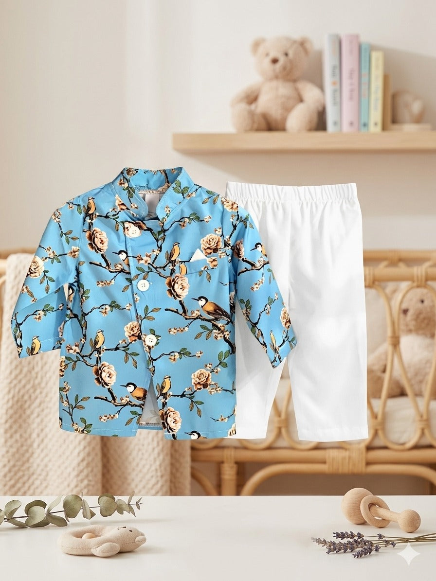 Little Boy's Sky Blue Floral & Bird Print Ethnic Set- 2 Piece