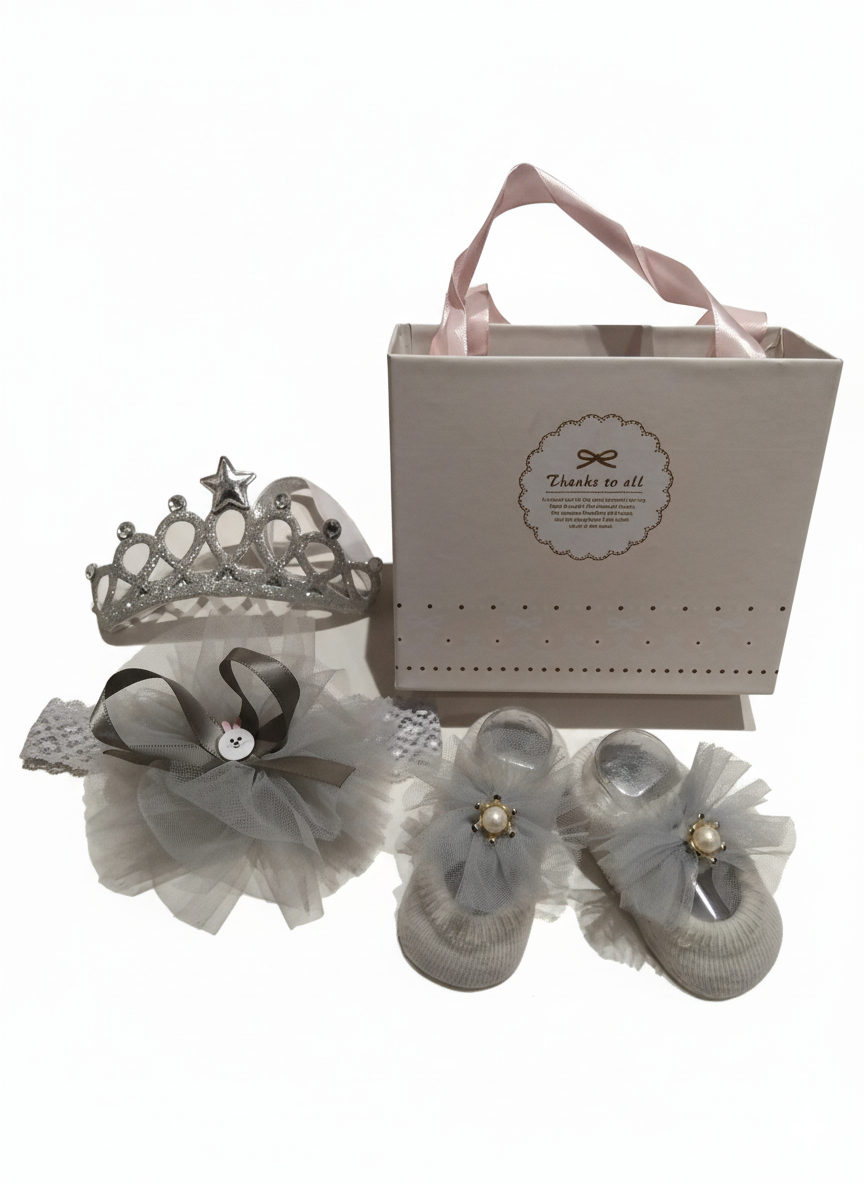 Newborn Baby Girl Headband and Socks Set- Grey
