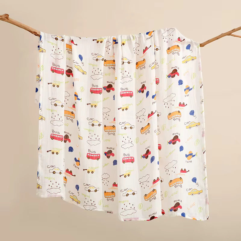 Newborn Bamboo Fiber Cotton Muslin Swaddle Wrap- Bus