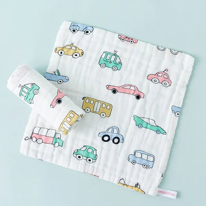 Newborn Custom 6 Layer Natural Soft Wash Cloth Towel Printed Fabric 100% Cotton Baby Washcloth- Car