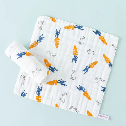 Newborn Custom 6 Layer Natural Soft Wash Cloth Towel Printed Fabric 100% Cotton Baby Washcloth- Carrot