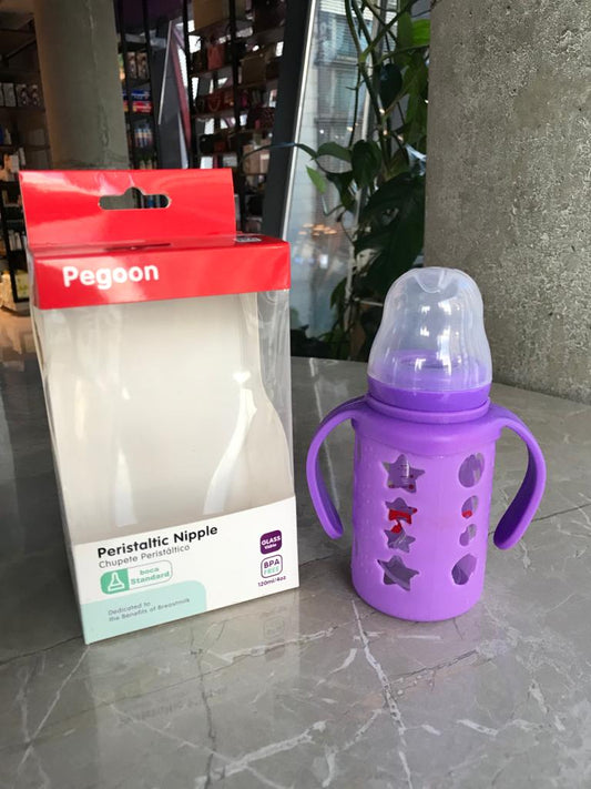 Pegoon Baby Glass Feeder With Silicone Cover Slow Flow (0-3 months) 120ml- Purple