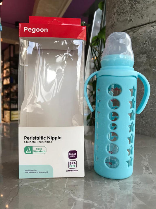Pegoon Baby Glass Feeder With Silicone Cover Slow Flow (0-3 months) 240ml- Blue
