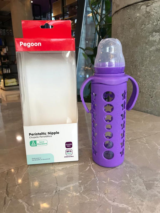 Pegoon Baby Glass Feeder With Silicone Cover Slow Flow (0-3 months) 240ml- Purple