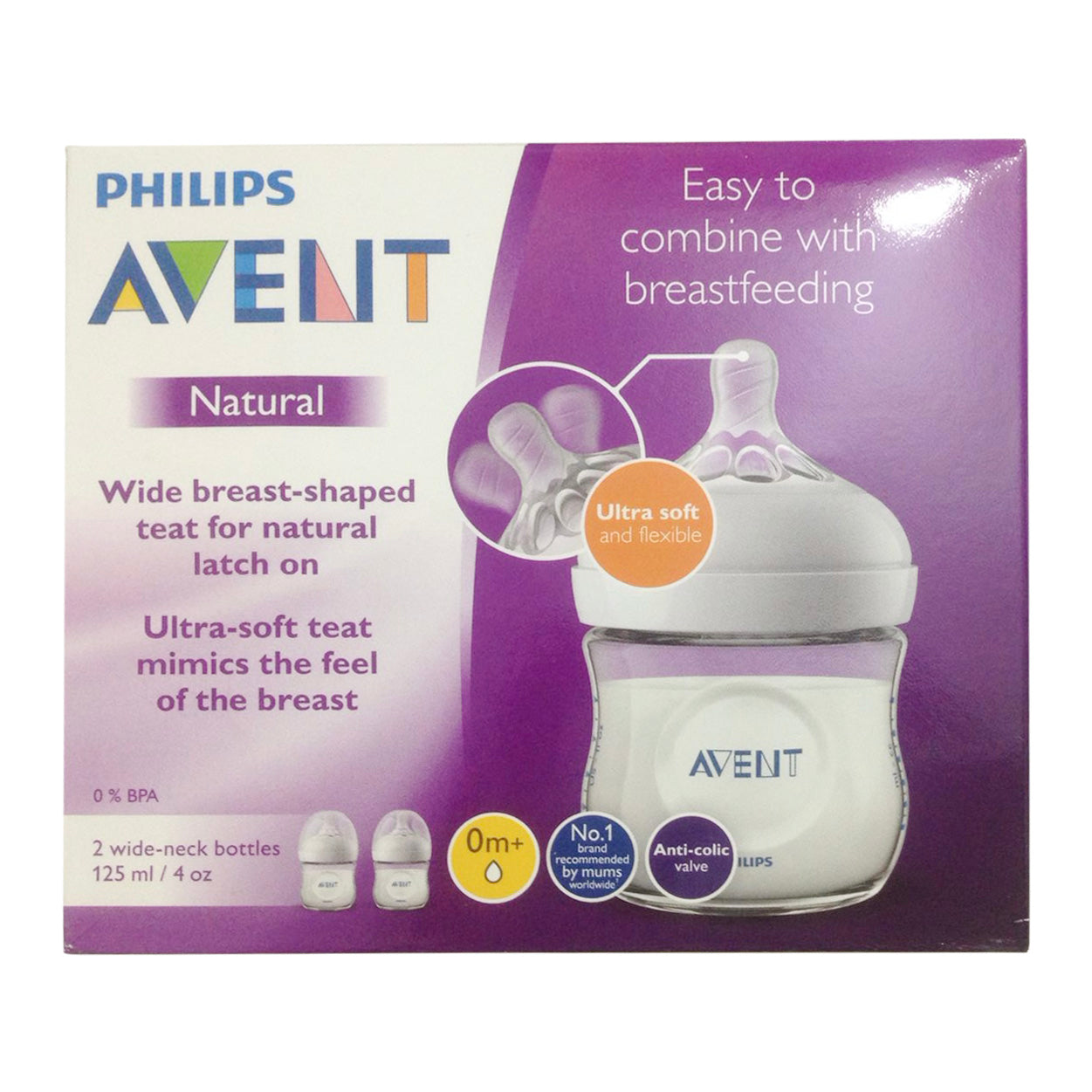 Philips Avent Natural Feeding Wide Neck Bottles 125ml (0m+)- 2pcs