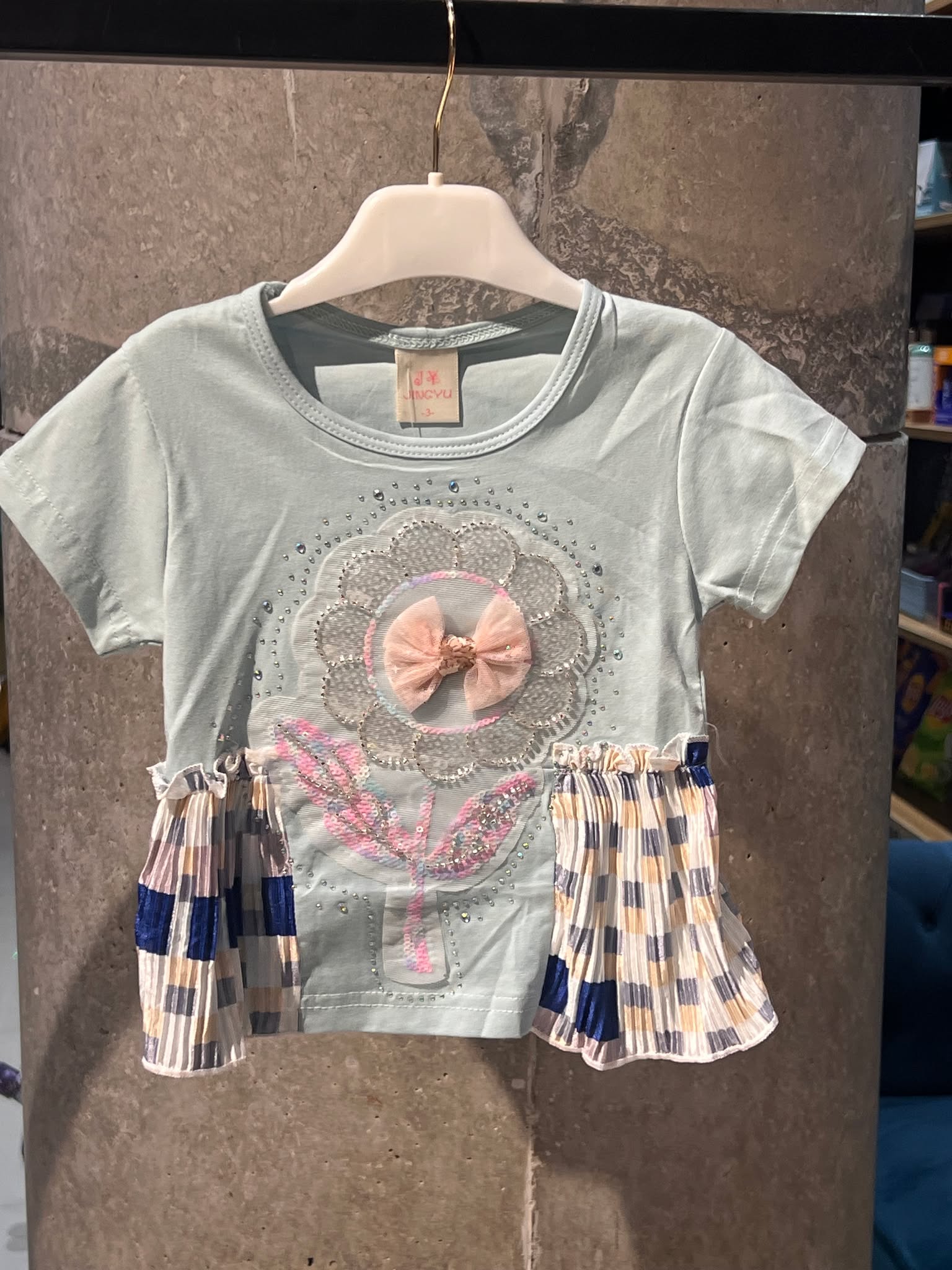 Rhinestone Beads Girl Baby Party Top (6M-4Y)- Dusty Blue