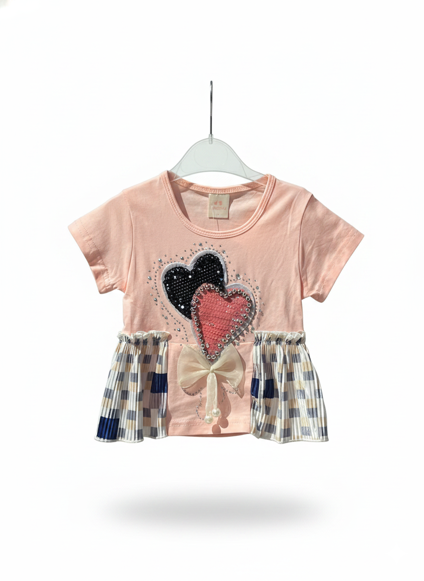 Rhinestone Beads Girl Baby Party Top (6M-18M)- Heart Peachy